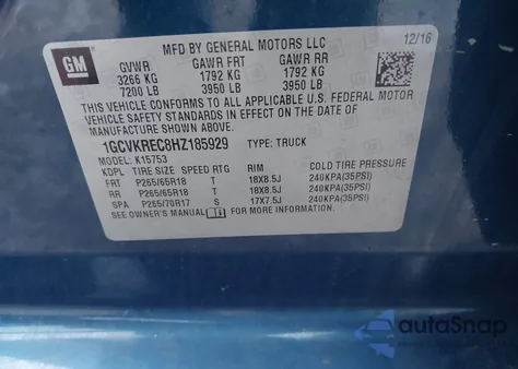 2017 Chevrolet Silverado 1500 1Lt from USA, damaged, VIN 1GCVKREC8HZ185929